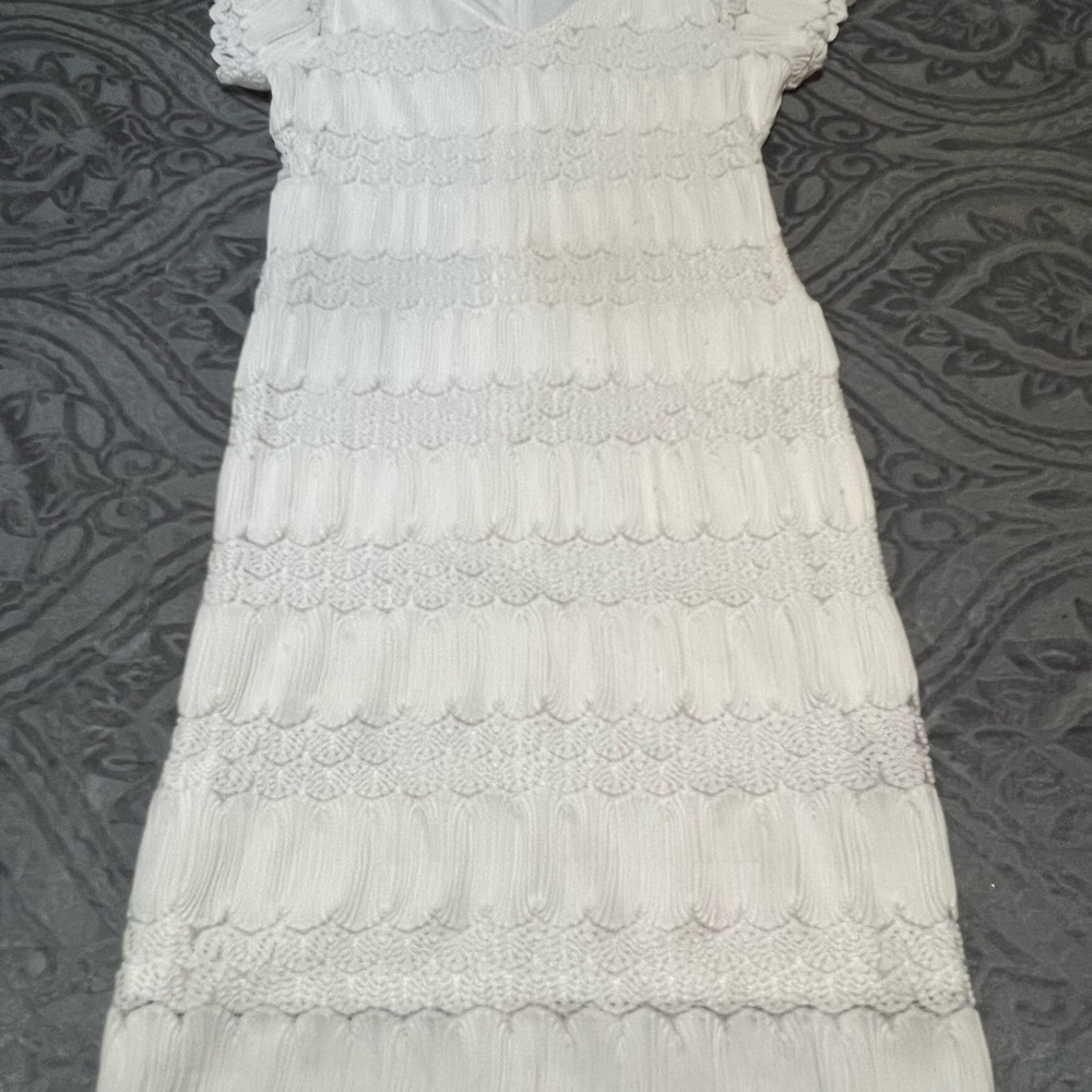 Sharagano White Midi Sheath Dress with Flutter Sleeves and V-Neck